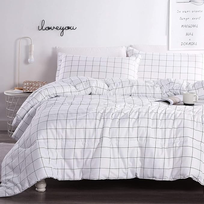 Andency White Grid Comforter Set King Size (104x90 Inch), 3 Pieces(1 Grid Comforter and 2 Pillowcases), Summer Lightweight Microfiber Down Alternative White Comforter with Black Lines