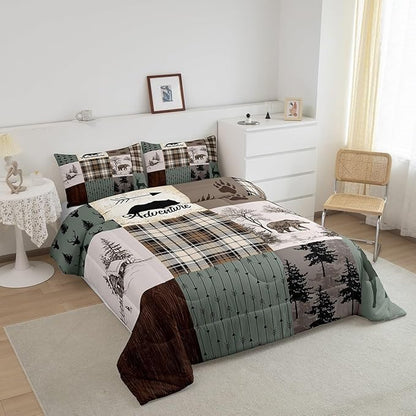 Rustic Farmhouse Kids Comforter Set Twin Size,Deer Antlers Bear Paws Plaids Patchwork Bedding Set for Boys Girls Adults Room Decor,Pine Trees Arrows Down Comforter,Xmas Duvet Insert,1 Pillowcase