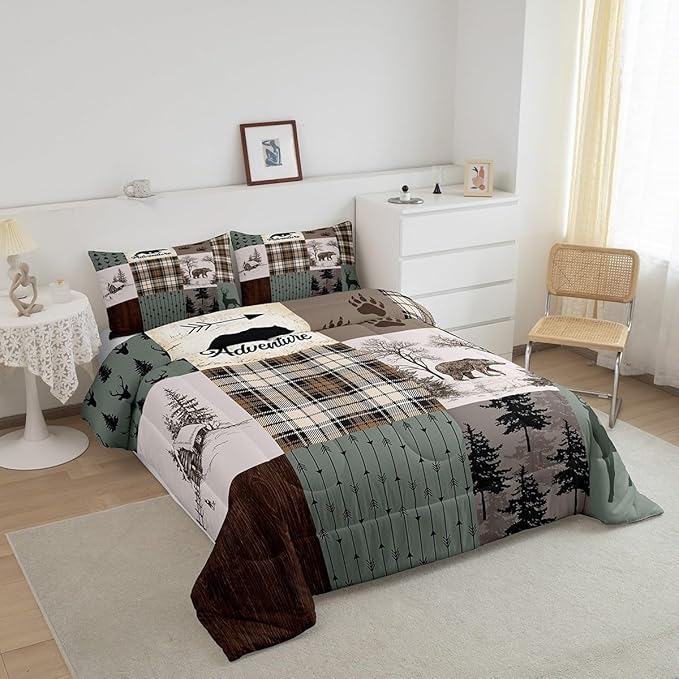 Rustic Farmhouse Kids Comforter Set Queen Size,Deer Antlers Bear Paws Plaids Patchwork Bedding Set for Boys Girls Adults Room Decor,Pine Trees Arrows Down Comforter,Xmas Duvet Insert,2 Pillowcases