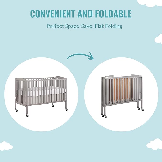 Folding Full Size Convenience Crib In Storm Grey, Two Adjustable Mattress Height Positions, Comes With Heavy Duty Locking Wheels, Flat Folding