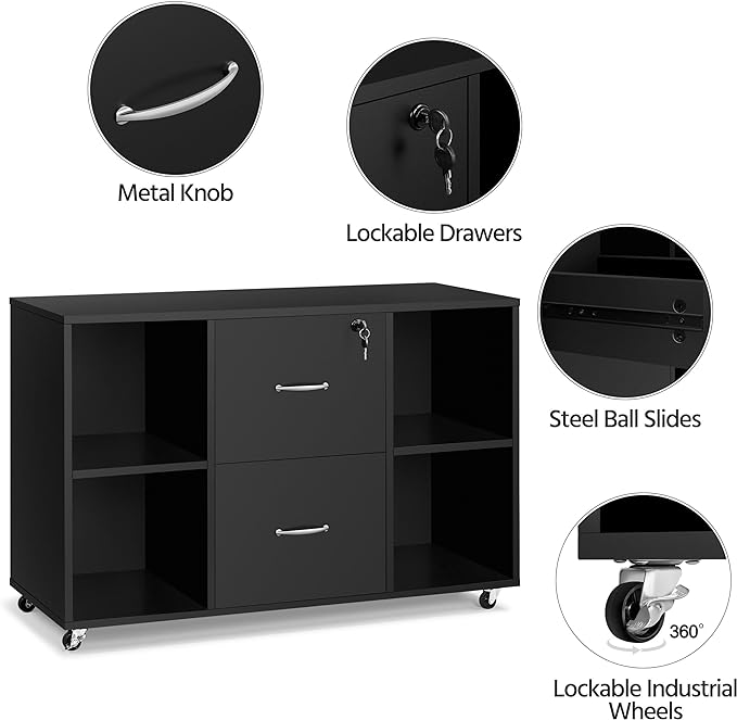 Yaheetech Black File Cabinet Large Mobile Storage Lateral Filing Cabinet with 2 Drawer and 4 Open Compartments,for Letter Size A4 Size, Printer Stand for Home Office, Black