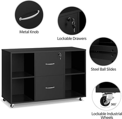 Yaheetech Black File Cabinet Large Mobile Storage Lateral Filing Cabinet with 2 Drawer and 4 Open Compartments,for Letter Size A4 Size, Printer Stand for Home Office, Black