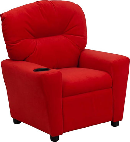Flash Furniture Chandler Microfiber Kids Recliner with Cup Holder and Safety Recline, Contemporary Reclining Chair for Kids, Supports up to 90 lbs., Red