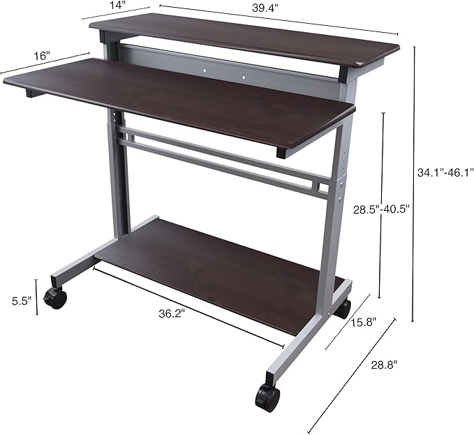 Stand Up Desk Store Rolling Adjustable Height Two Tier Standing Desk Computer Workstation (Silver Frame/Dark Walnut Top, 40" Wide)