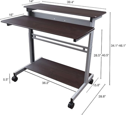 Stand Up Desk Store Rolling Adjustable Height Two Tier Standing Desk Computer Workstation (Silver Frame/Dark Walnut Top, 40" Wide)
