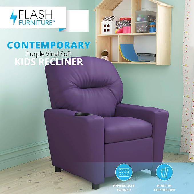 Flash Furniture Chandler Vinyl Kids Recliner with Cup Holder and Safety Recline, Contemporary Reclining Chair for Kids, Supports up to 90 lbs., Purple