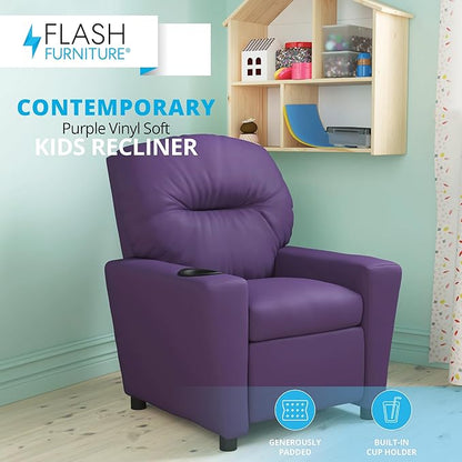 Flash Furniture Chandler Vinyl Kids Recliner with Cup Holder and Safety Recline, Contemporary Reclining Chair for Kids, Supports up to 90 lbs., Purple