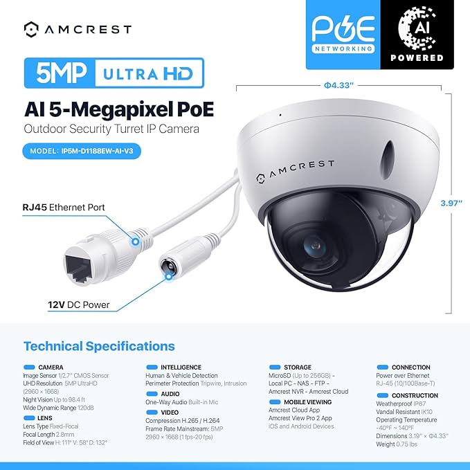 Amcrest 5MP POE Camera, Outdoor Vandal Dome Security POE IP Camera, 5-Megapixel, 98ft NightVision, 2.8mm Lens, IP67, IK10 Resistance, MicroSD 256GB (Sold Separately), Cloud, NVR (IP5M-D1188EW-AI-V3)
