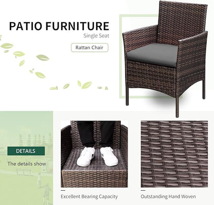Greesum 3 Pieces Patio Furniture Sets Outdoor PE Rattan Wicker Chairs with Soft Cushion and Glass Coffee Table for Garden Backyard Porch Poolside, Brown and Gray