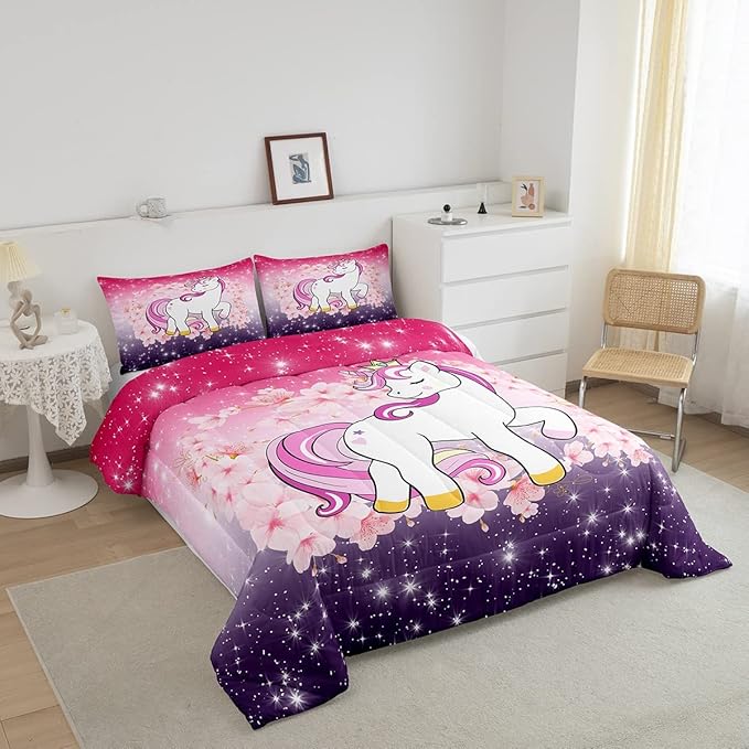 Unicorn Comforter Set Twin Glitter Bedding Set Cherry Blossoms Duvet Insert Kids Cartoon Kawaii Animal Down Comforter Ombre Galaxy Stars Fantasy Girls Room Decor Quilt Set Aesthetic Pink Purple