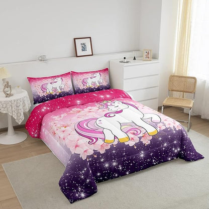 Unicorn Comforter Set Queen Glitter Bedding Set Cherry Blossoms Duvet Insert Kids Cartoon Kawaii Animal Down Comforter Ombre Galaxy Stars Fantasy Girls Room Decor Quilt Set Aesthetic Pink Purple