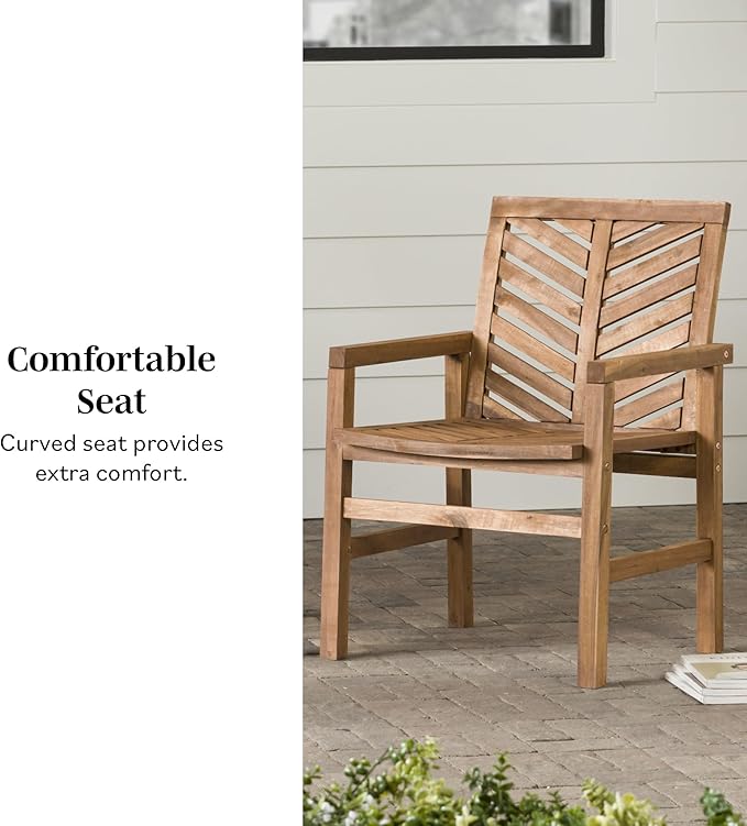 Walker Edison 2 Piece Outdoor Patio Chevron Wood Chair Set All Weather Backyard Conversation Garden Poolside Balcony, Set of 2, Dark Brown
