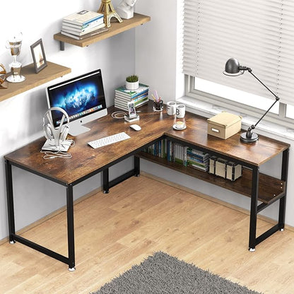 L Shaped Desk, Office Computer Corner Desk, 55 inch Home Gaming Desk Table, Writing Study Workstation with Storage Shelves for Home Office, Space-Saving, Industrial, Rustic Brown