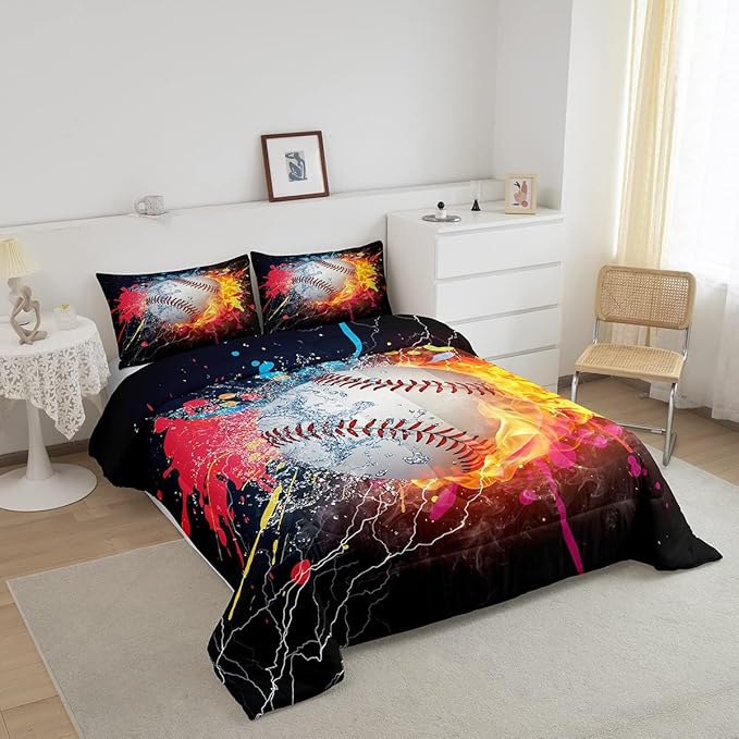 Baseball Twin Comforter Set For Boys,Tie Dye Baseball Sports Bedding Set Red Blue Fire Water Lightning Duvet Insert For All Season,Sports Baseball Quilt Soft Lightweight Bedroom Decor 1 Pillow Case