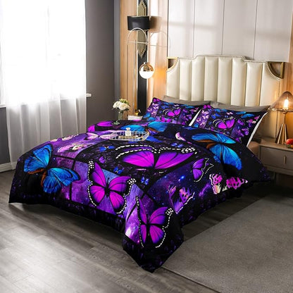 Erosebridal Butterfly Comforter Set Starry Sky Galaxy Comforter Blue Purple Butterfly Bedding Sets Twin for Kids Girls Teens Women Bed,Aesthetics Butterflies Quilt Duvet Set 1 Pillow Case Room Decor