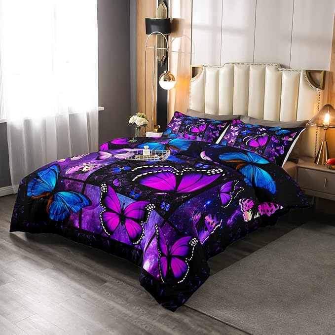Erosebridal Butterfly Comforter Set Starry Sky Galaxy Comforter Blue Purple Butterfly Bedding Sets Full for Kids Girls Teens Women Bed,Aesthetics Butterflies Quilt Duvet Set 2 Pillow Cases Room Decor