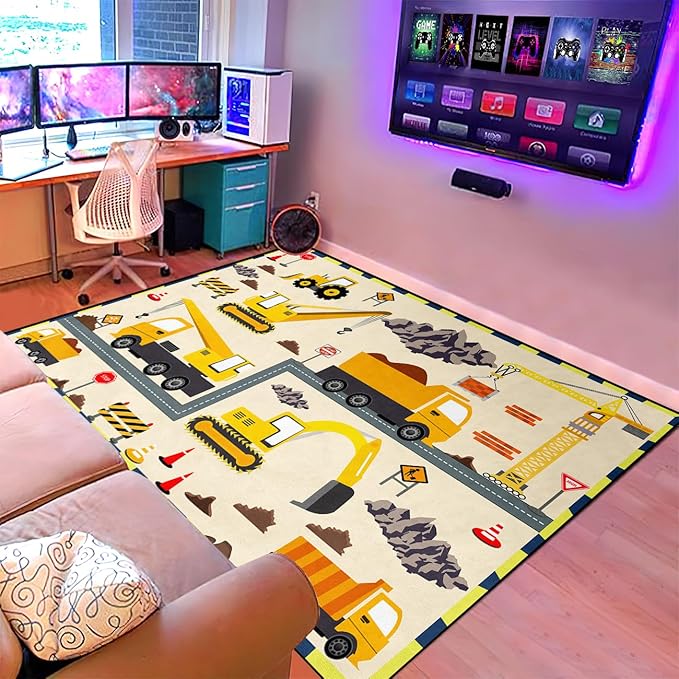Construction Play Mat Car Rug Play Mat Construction Rugs for Boys Room Car Rug for Boys Room Construction Decor for Boys Room Playroom Rug for Livingroom 5'×7'