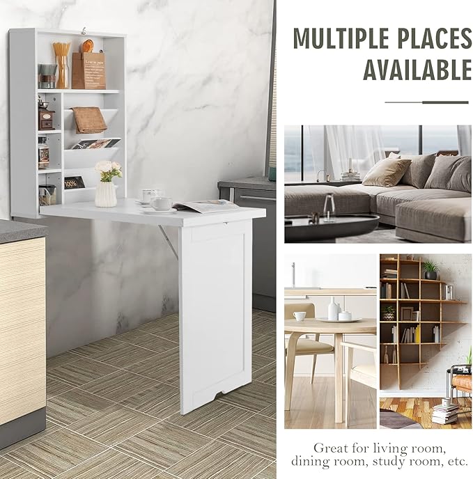 Wall Mounted Table w/Classified Storage Space, Foldable Multiple-Purpose Desk, Sturdy Wood Structure, White