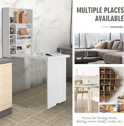Wall Mounted Table w/Classified Storage Space, Foldable Multiple-Purpose Desk, Sturdy Wood Structure, White