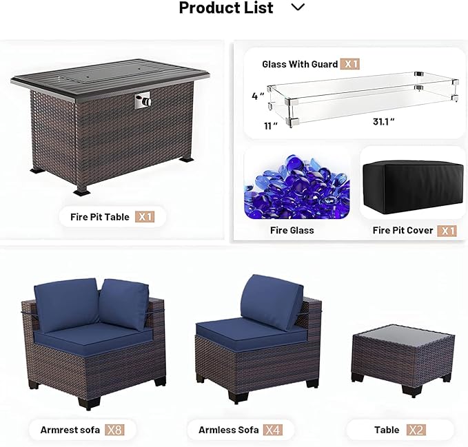 Kullavik 15PCS Outdoor Patio Furniture Set with 43" 55000BTU Gas Propane Fire Pit Table PE Wicker Rattan Sectional Sofa Patio Conversation Sets w/8 Coner Sofas,Dark Blue