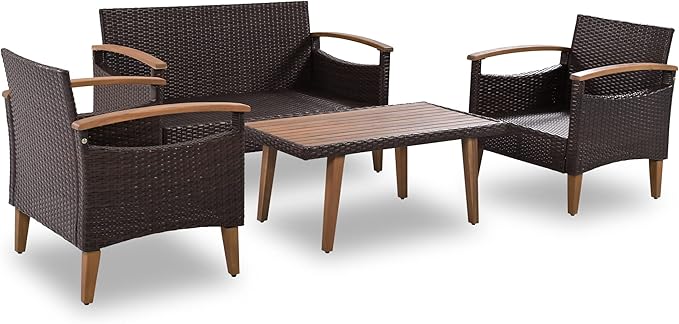 Merax Patio Furniture Sets 4 Pieces, All Weather Outdoor PE Rattan Sofa with Wood Table and Legs, for Lawn, Backyard, Poolside or Garden, Blue