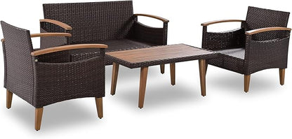 Merax Patio Furniture Sets 4 Pieces, All Weather Outdoor PE Rattan Sofa with Wood Table and Legs, for Lawn, Backyard, Poolside or Garden, Blue