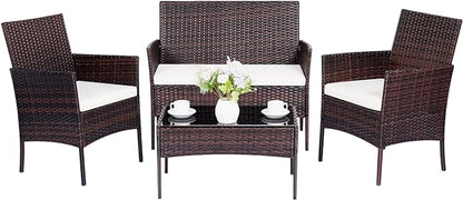 Patio Furniture Set 4 Pieces Conversation Sets Outdoor Wicker Rattan Chairs Garden Backyard Balcony Porch Poolside Loveseat with Soft Cushion and Tempered Glass Table(Brown/Beige)