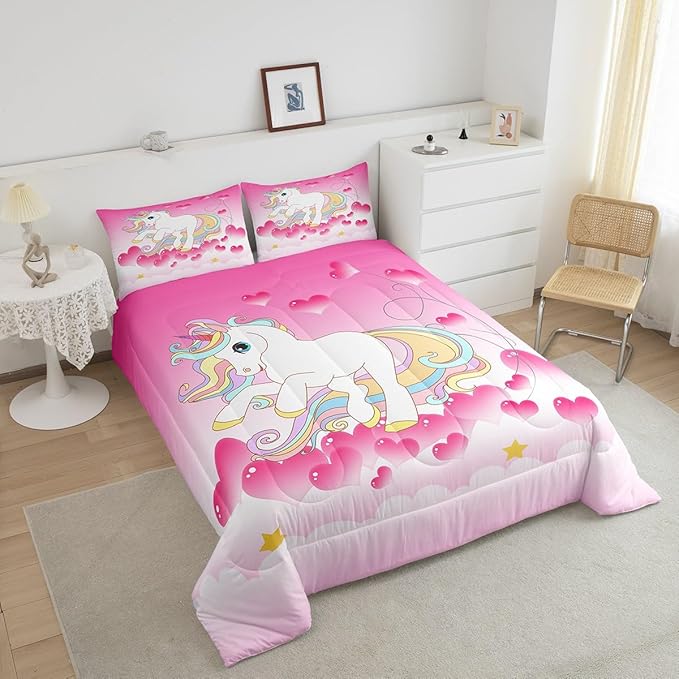 Girls Unicorn Comforter Set Queen Girly Fantasy Rainbow Unicorn Bedding Set for Kids Little Girls, Pink Love Heart Duvet Sets Dreamy Horse Cartoon Magical Animal Down Comforter with 2 Pillowcases