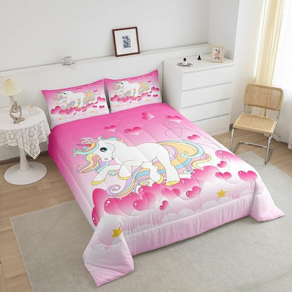 Girls Unicorn Comforter Set Twin Girly Fantasy Rainbow Unicorn Bedding Set for Kids Little Girls, Pink Love Heart Duvet Sets Dreamy Horse Cartoon Magical Animal Down Comforter with 1 Pillowcase