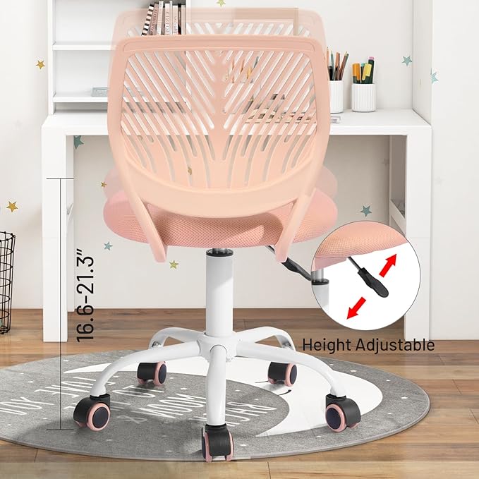 FurnitureR Desk Chair Small Study Chairs Armless for Child Kids Teens, Swivel Rolling Lightweight Task Chair with Wheels and Mesh Padded Cushion, Orange Rose
