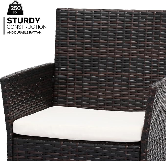 MoNiBloom 3 Pieces Patio Furniture Set, Outdoor Conversation PE Rattan Furniture Front Porch Set with Washable Cushion and Tempered Glass Tabletop for Garden Poolside Balcony, Capacity 250 lbs, Brown