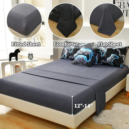Game Console Twin Comforter Set with Sheets, Microfiber 6 Pcs Bed in A Bag Twin Size Gamer Bedding Set for Boys Kids Teens