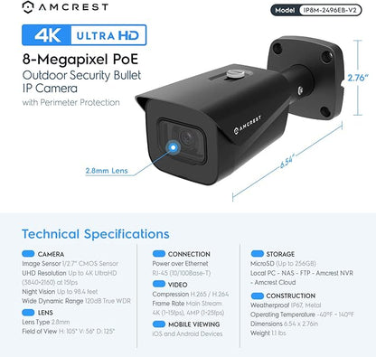 Amcrest UltraHD 4K (8MP) Outdoor Bullet Security IP POE Camera, 98ft NightVision, 2.8mm Lens, IP67 Weatherproof, 256GB MicroSD Recording, Black (IP8M-2496EB-V2)