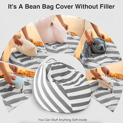 EXQ Home Kids Bean Bag Chairs Cover -Stuffed Animal Bean Bag Storage Grey and White Stripes-Zipper Bean Bag for Organizing Children Plush Toys Holiday Gift for Girl,Boys