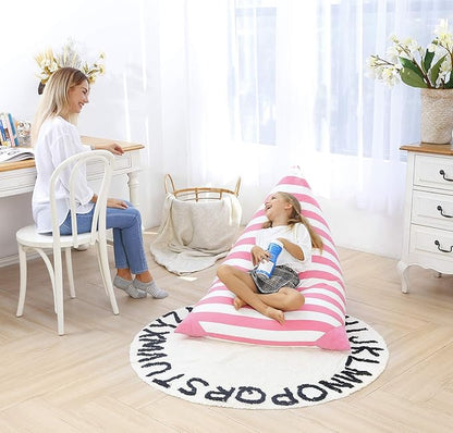 Aubliss Stuffed Animal Storage Bean Bag Chairs Cover, 50"x 35" Extra Large Bean Bags Chair for Kids & Adults, Beanbag Toy Storage for Boys Girls - Premium Cotton Canvas Pink Stripe