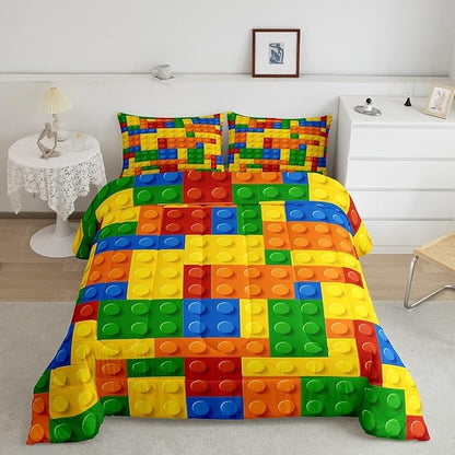 Feelyou Games Comforter Set Queen Building Blocks Bedding Set for Kids Boys Girls Colorful Geometric Toy Brick Comforter Gaming Nursery Quilt Duvet Set with 2 Pillowcase Boys