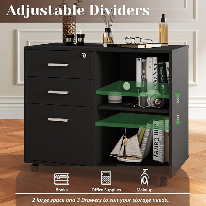 Maxtown Wood Filing Cabinet, Mobile Lateral Filing Cabinet with Lock, 3 Drawer Filing Cabinet with Open Storage Shelves, Printer Stand with Storage, Oak Grain