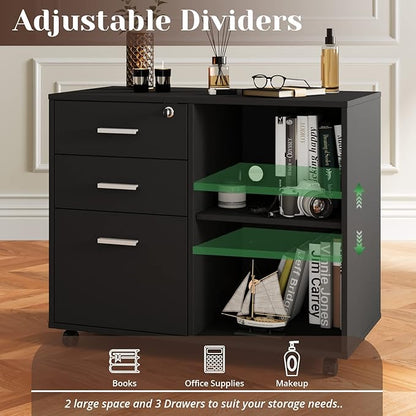 Maxtown Wood Filing Cabinet, Mobile Lateral Filing Cabinet with Lock, 3 Drawer Filing Cabinet with Open Storage Shelves, Printer Stand with Storage, Oak Grain
