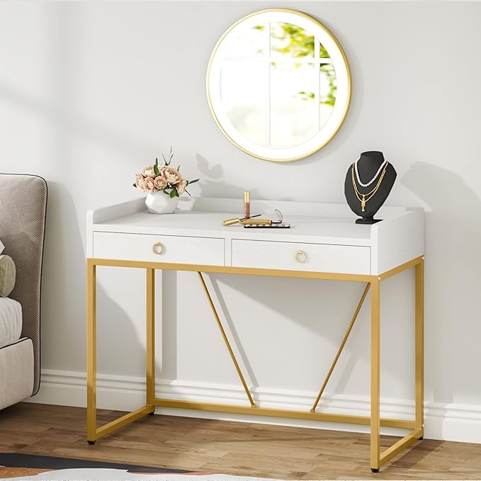 Tribesigns White Gold Computer Desk with 2 Drawers, Modern Desk 41.3 inch Simple Study Writing Desks with Storage, White Gold Makeup Vanity Desk for Home Office Bedroom Console Table