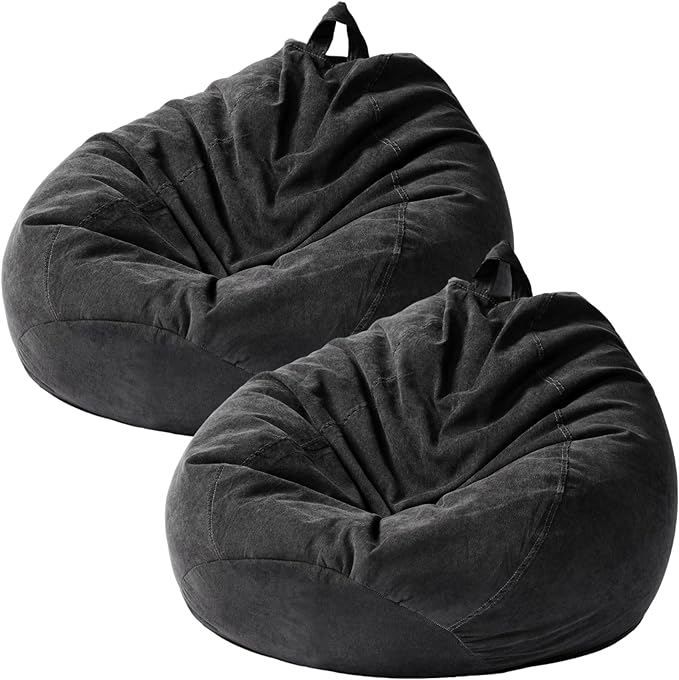 2 Pcs Bean Bag Cover Stuffed Animal Storage Bean Bag Chair Cover Soft Corduroy Stuffed Animal Bean Bag Storage for Kids Adults Indoor Bedroom Organizing Plush Toys(Black, 200L)