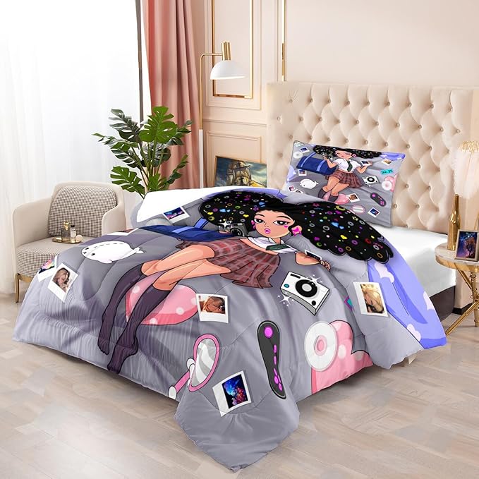 Black Girl Comforter Set - Twin Comforter Set for Girls - African American Comforter Sets for Girls Kids Comforter Sets for Girls Bedroom Decor 2 Piece Pretty Black Girl Bedding Set with 1 Pillowcase