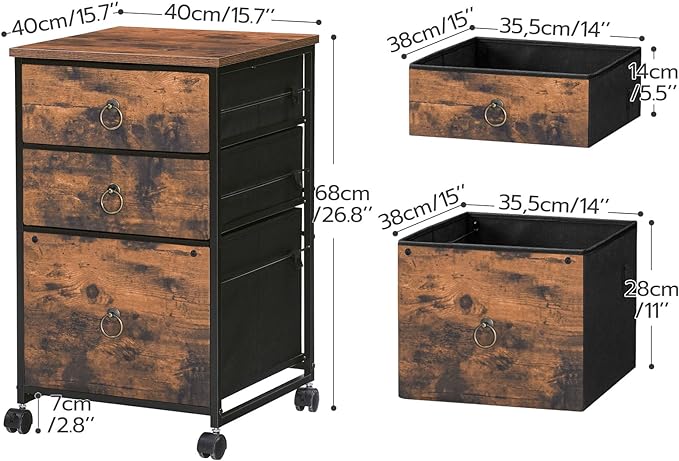 HOOBRO 3-Drawer Mobile File Cabinet, Vertical Filing Cabinet, Office Cabinet, Filing Cabinet for Home Office, Rolling Printer Stand, A4/Letter-Sized, Nonwovens Drawer, Rustic Brown BF30WJ01
