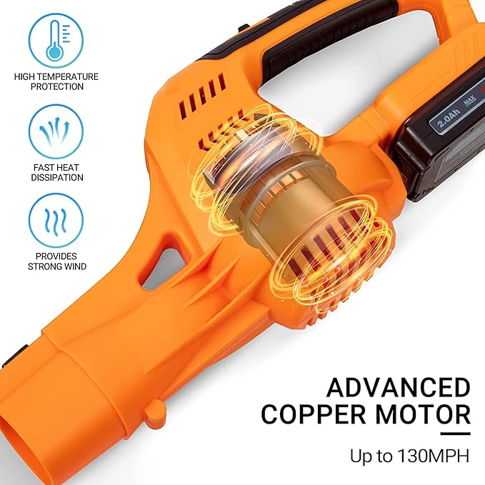 20V Cordless Leaf Blower with Battery and Charger, Leaf Blower Battery Operated, Rechargeable Electric Handheld Leaf Blower Variable Speed with 2 Tubes for Patio, Leaves Blowing-Orange