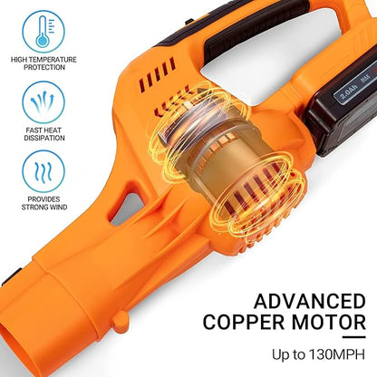 20V Cordless Leaf Blower with Battery and Charger, Leaf Blower Battery Operated, Rechargeable Electric Handheld Leaf Blower Variable Speed with 2 Tubes for Patio, Leaves Blowing-Orange