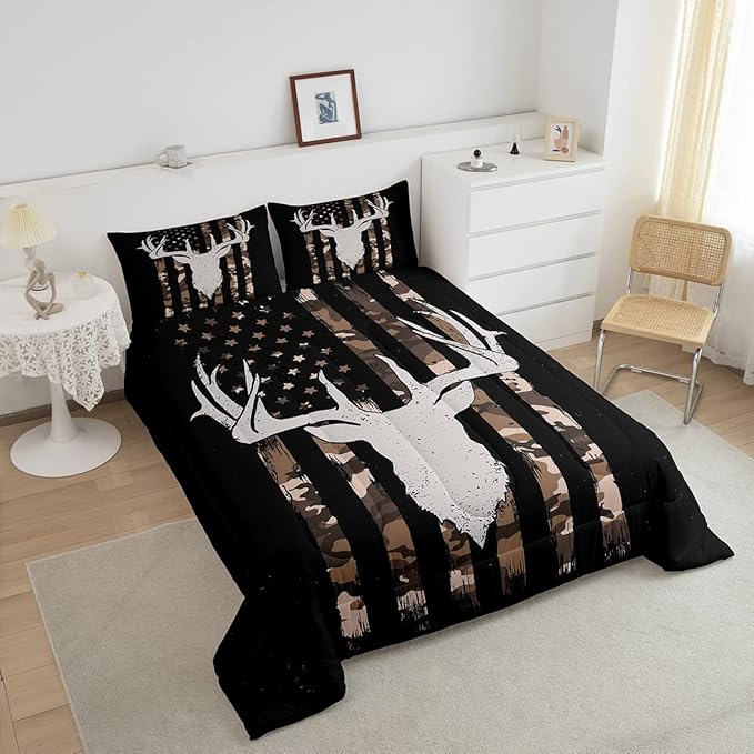 Erosebridal American Flag Comforter Set, Deer Hunting Bedding Twin Size for Kids Boys Teens Bedroom, Brown Military Camo Bedding Comforter Sets USA Federations Stars Duvet Insert with 1 Pillowcase