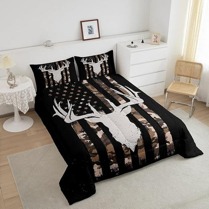 Camouflage American Flag Comforter Set, Hunting Antler Bedding Comforter Sets Brown Black Camo Striped Bedding King Size for Kids Boys Teens Adult Women, Rustic Woodland Animal Duvet Insert