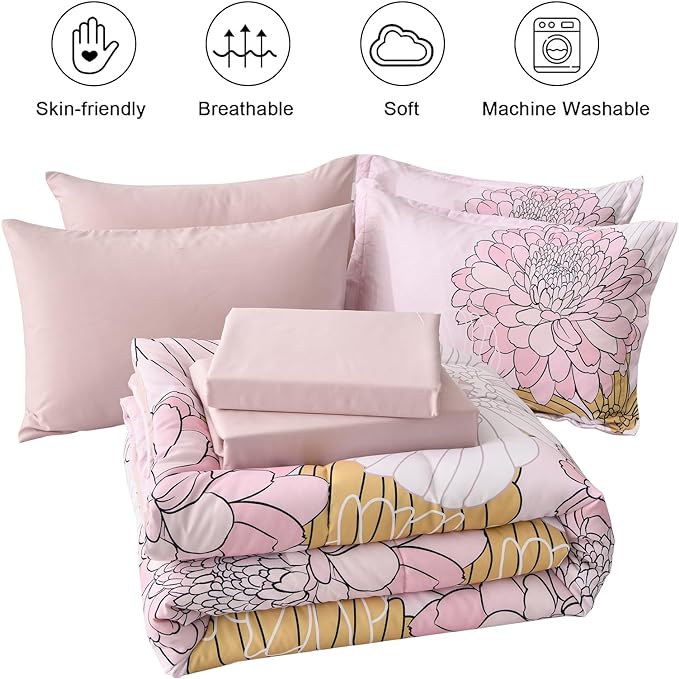Yiran Bed in a Bag 7 Pieces Pink Colorful Floral Comforter Set Queen Size Soft Microfiber Bedding Set with Comforter,Sheets, Pillowcases & Shams 90"×90"