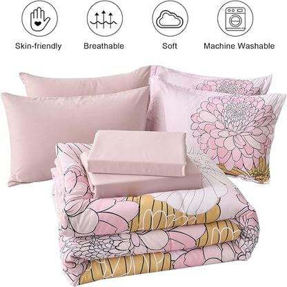 Yiran Bed in a Bag 7 Pieces Pink Colorful Floral Comforter Set Queen Size Soft Microfiber Bedding Set with Comforter,Sheets, Pillowcases & Shams 90"×90"