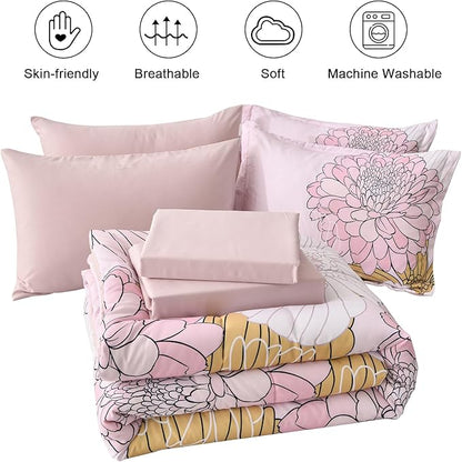 Pink Colorful Comforter Set King Size 7 Piece Floral Bed in a Bag Comforter for All Season Soft Microfiber Bedding Set for Teen Girls Women (103"×90")