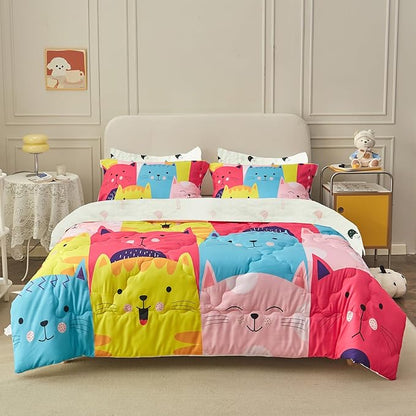 Wajade Kids Cute Cats Comforter Set Bed in A Bag Twin Size 7 Piece Colorful Cartoon Pet Cats Bedding Set for Boys Girls (1 Comforter, 1 Flat Sheet, 1 Fitted Sheet, 2 Pillowcase and 2 Pillow Sham)